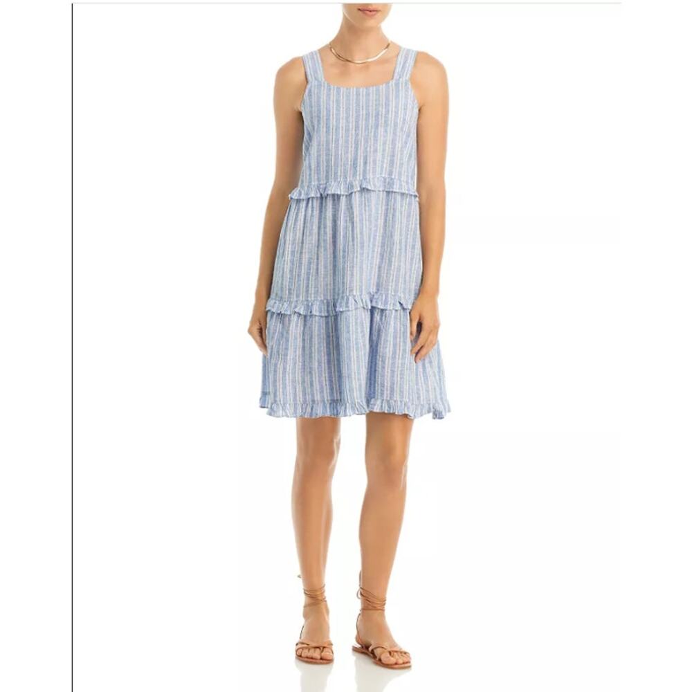 NWT Millibon Sleeveless Linen Tiered Dress Natural Stripe Dress L